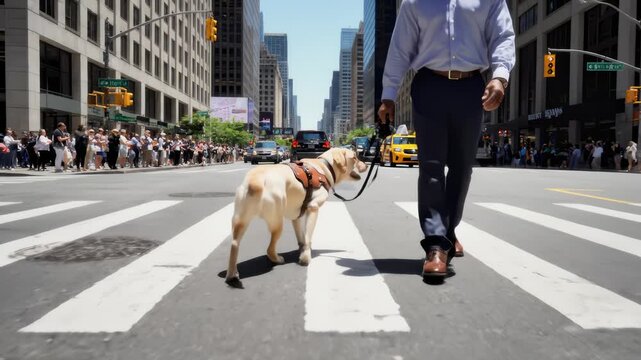 Man Walking Guide Dog Across Busy City Street in New York City