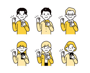 スマホを持って頑張る・応援する、いろいろな年代の家族のシンプルなベクターイラスト素材セット