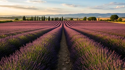 Fototapeta premium Lavender field at sunset rural landscape.