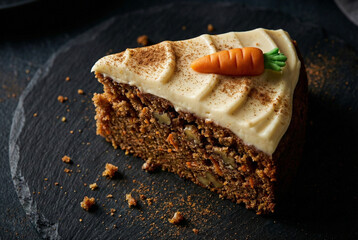Spiced Earth Carrot Cake Slice with Cream Cheese Frosting and Marzipan Carrot