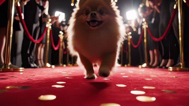 Pomeranian Dog Walking on a Red Carpet at a Star-Studded Event