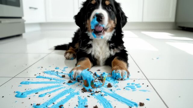 Bernese Mountain Dog Puppy Eating a Cupcake on the Kitchen Floor