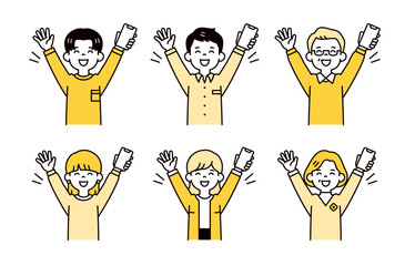 スマホを持って両手を上げて喜ぶ、三世代の家族ののシンプルな上半身ベクターイラスト素材セット