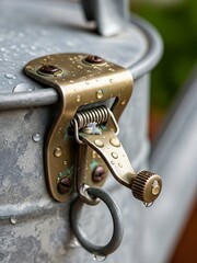 Obraz premium Detail of a galvanized watering can with brass fixture and water droplets