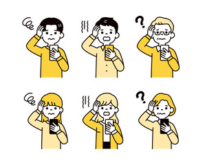 スマホを持って頭を抱える、いろいろな年代の男性と女性のシンプルなベクターイラスト素材セット