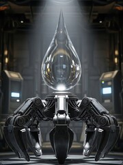 Fototapeta premium Metallic machinery cradling a transparent water droplet in a factory setting