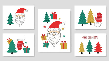 Festive Christmas illustrations with santa claus, trees and gifts in a playful style