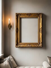 Ornate golden frame hangs on textured wall beside vintage sconce