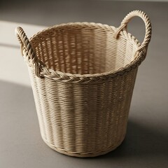 Obraz premium Elevated View of Woven Laundry Basket Casting Shadows in Gentle Light