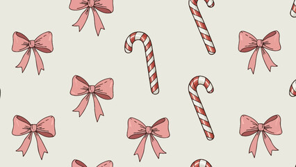 Festive delight: Seamless pattern featuring pink bows and candy canes for holidays