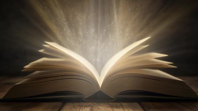 An ancient open book radiating brilliant light from its pages, resting on a rustic wooden surface.