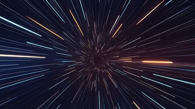 Fast moving light streaks radiating from a central point in a dark space environment viewed from a straight-on perspective