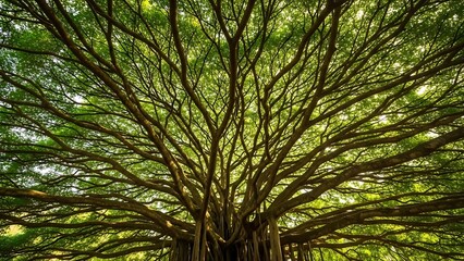 Majestic banyan tree canopy with intricate branches reaching towards the sky