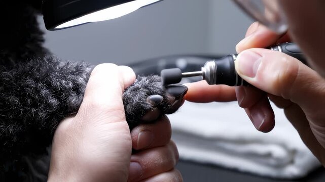 Groomer Grinding the Claws of a Poodle With Rotary Tool in Detail