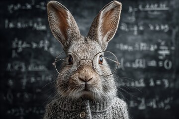 Smart rabbit in glasses showcasing its intelligence in front of chalkboard filled with math equations and scientific formulas