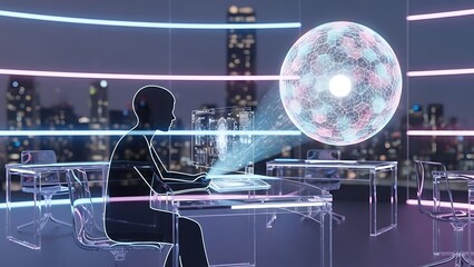 Futuristic office scene with a person interacting with a holographic display showing a complex network of data