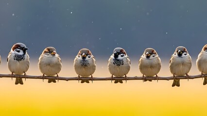 A row of sparrows perched on a branch with a soft bokeh background