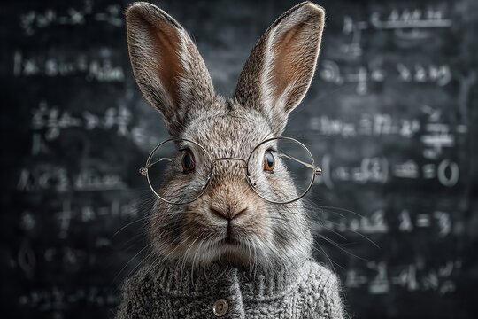 Smart rabbit in glasses showcasing its intelligence in front of chalkboard filled with math equations and scientific formulas - Powered by Adobe