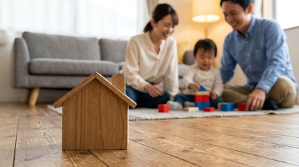Family Playing with Wooden Blocks Indoors at Home, Child Learning and Parents Engaged in Lifestyle Environment
