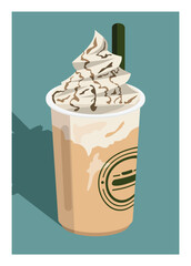 Frappuccino in a plastic cup with straw. Simple flat illustration.