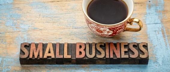 Small Business Concept with Coffee Cup on Rustic Wooden Table, Close-up View, Workplace Environment, Motivational Graphic