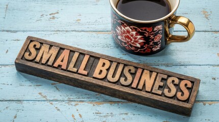Small Business Concept with Coffee Cup on Wooden Table, Close-Up View, Business Environment, Motivational Graphic