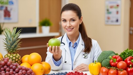 Obraz premium Radiant nutritionist promoting health with fresh produce and a vibrant green apple in hand