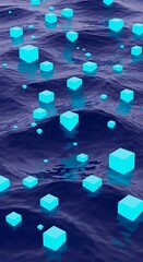Serene Ocean Waves Interrupted by Floating Luminous Cubes Abstract