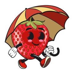 cute strawberry cartoon mascot character walking with an umbrella smiling vector illustration, work of hand drawn