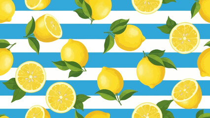 Vibrant seamless pattern of lemons with green leaves and blue and white stripes