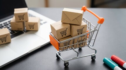 Shopping Cart with Packages, Home Office, Digital Marketing Concept, Modern Workspace, Close-Up View