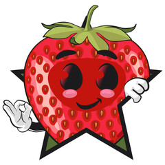 cute strawberry cartoon mascot character out from of a star by giving an OK sign with smiling vector illustration, work of hand drawn