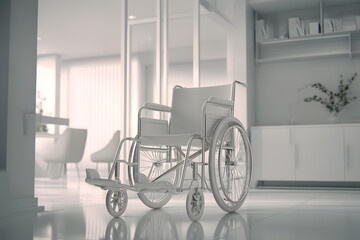Empty wheelchair positioned in a bright, minimalist room with wooden flooring and natural light