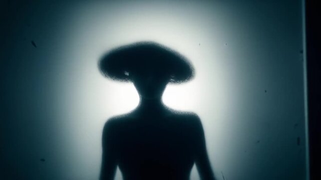 Mysterious silhouette of a person with an unusual head shape stands against a glowing white background in a dark room