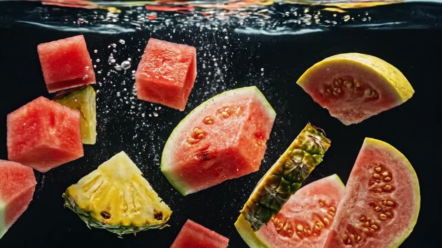Sliced fruits like watermelon pineapple and guava plunge into dark water creating bubbles at the surface