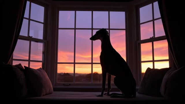 Dog Sits Silhouetted Against Colorful Sunrise in Bay Window