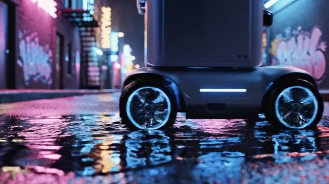 A futuristic delivery robot stands on a wet city street at night, illuminated by neon lights reflecting off the wet pavement