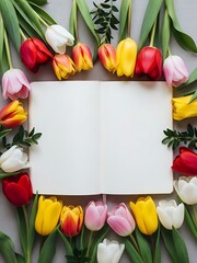 Tulip Bloom Adornment Around Open Notebook, Serene Floral Arrangement