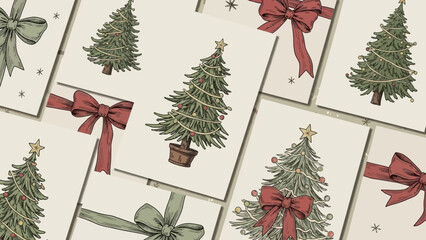Vintage Christmas Cards Featuring Decorated Trees and Festive Bows for Holiday Season