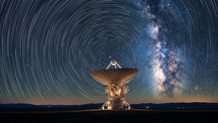 Radio telescope under starry night sky.