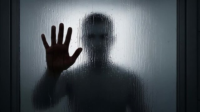 A silhouetted figure presses against a frosted glass door with an outstretched hand in a dimly lit environment