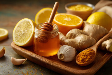 Honey and lemon jars with fresh ginger, showcasing natural remedies on a wooden table