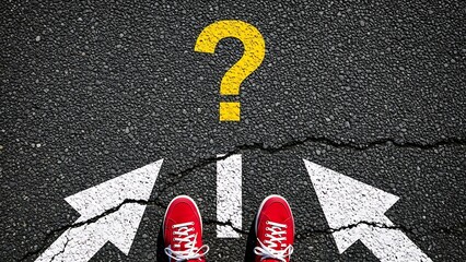 Fototapeta premium Person standing at crossroads with question mark on asphalt road