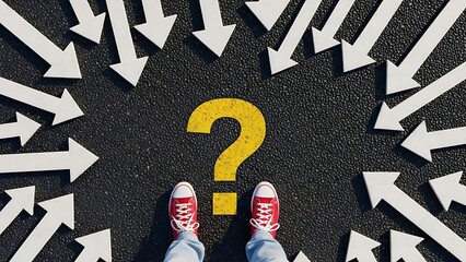 Person standing at crossroads with multiple arrows and question mark