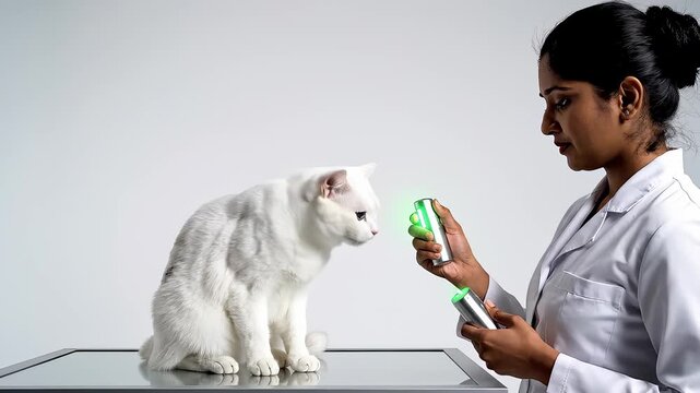 Veterinarian Plays With a White Cat Using Laser Pointer in Studio