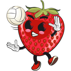 cute strawberry cartoon mascot character serve volleyball vector illustration, work of hand drawn