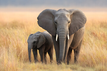 Fototapeta premium Elephant and calf walking together in a golden grassland at sunrise