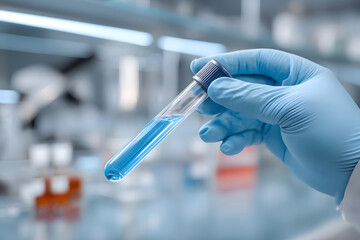 Scientist holds test tube containing blood sample in laboratory during research process