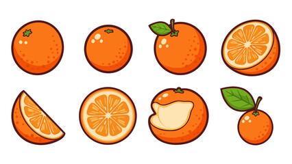 Collection of cartoon oranges in various stages of whole, sliced, and peeled