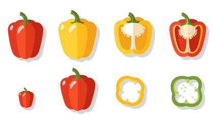 Collection of colorful bell peppers, whole and sliced, in a flat design style